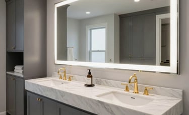 A wide-angle professional photograph of a luxury master bathroom in a North American home. The space features a sleek white marble double vanity with gold faucets, a large backlit mirror, and modern charcoal gray cabinetry. The lighting is soft and natural, emphasizing the elegant and clean design.