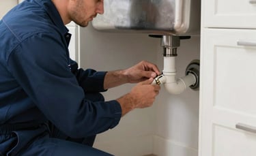 A professional plumber in a clean navy blue uniform inspecting a pipe leak under a kitchen sink in a North American home. The lighting is bright and clear, emphasizing a sense of reliability and expertise. The scene features steel blue and off-white accents in the kitchen setting.