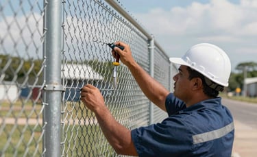 Detailed photography of industrial perimeter security experts in a South American setting installing a new silver chain-link fence on a sunny day. The composition is a medium shot showing professional tools and bright light on metallic surfaces. Modern and reliable atmosphere.