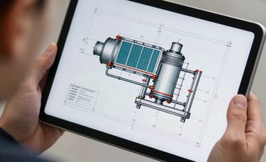 A close-up of a digital tablet showing architectural blueprints for a green-energy heating system, held by a person in professional work attire. Sharp focus, North American / US.