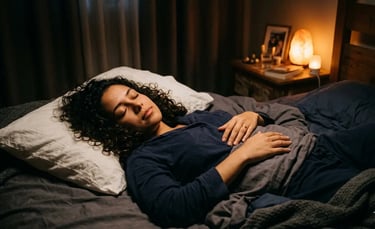 A woman with curly hair sleeping peacefully in bed with a salt lamp on the nightstand.