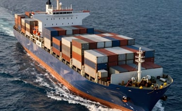 A high-angle professional photograph of a massive container ship navigating through deep dark blue ocean water. The composition is clean and modern, highlighting the scale of global logistics. International / Global maritime setting with soft golden sunlight.