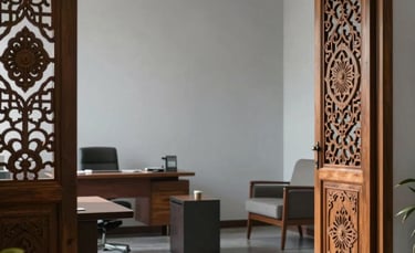 An airy and calm office interior featuring South Asian architectural details like carved wooden screens, soft light gray walls, and professional minimalist furniture.
