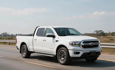A clean, modern white hotshot pickup truck with a long flatbed trailer traveling on an open North American highway during the day. The lighting is bright and professional, emphasizing a sense of motion and efficiency.