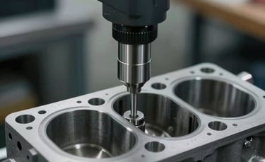 Close-up photography of a precision measurement tool being used on a clean engine cylinder block in a professional workshop in Brazil. The scene features industrial lighting with deep slate gray and silver gray tones, emphasizing a professional and technical atmosphere.