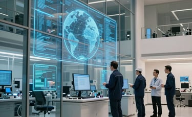 A high-tech research facility with glowing blue holographic data screens and minimalist glass architecture. Engineers in professional attire collaborate in a sleek, futuristic International / Global laboratory setting. Soft navy and off-white lighting.