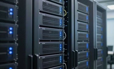 Professional photography of a high-tech server room in a modern North Indian corporate office, featuring neatly organized IP PBX communication hardware with soft blue status lights, bright and clean composition, professional business setting.