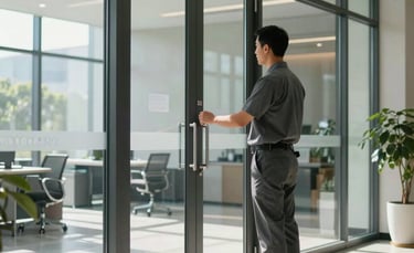 A professional technician in a slate gray uniform inspecting a sleek, modern commercial glass door in a North American / US corporate office lobby. Natural sunlight, clean lines, established professional atmosphere.