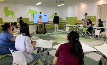 A modern healthcare training room where staff attend a digital presentation on a smart screen.