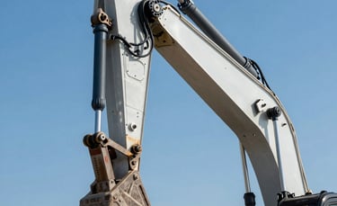 A clean, professional close-up of a modern hydraulic excavator arm against a clear blue North American sky, emphasizing mechanical precision and reliability, steel blue and light gray tones.