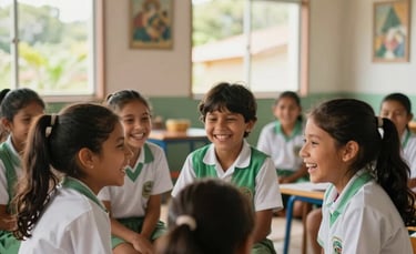 South American children laughing together during a cultural workshop, wearing school uniforms with soft green details, in a sunny community room with large windows, Brazilian interior style.