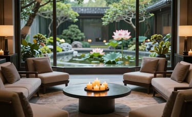 A wide photography shot of a high-end spa lounge featuring low furniture, large windows looking out to a serene garden, and a centerpiece of burning candles and a lotus pond, Global / International Luxury.