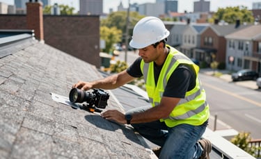 A professional roofing contractor in a high-visibility vest and hard hat inspecting a shingle roof in a New York City residential neighborhood, bright daylight, professional equipment visible, sharp focus.