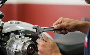 Close-up photography of a professional technician's hands using a wrench on a motorcycle engine inside a bright, clean Brazilian workshop. The lighting is natural and crisp. Accents of deep red and off-white are visible in the background environment.