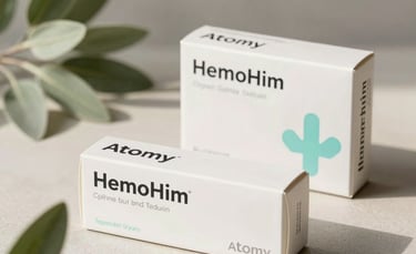 A professional product photography shot of Atomy HemoHim boxes on a minimalist surface, accented with sage green leaves and soft morning sunlight. The style is clean, modern, and high-end, reflecting health and vitality in a Middle Eastern / North African luxury setting.