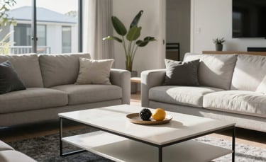 Bright and airy photography of a modern Australian suburban living room in Adelaide. Soft morning sunlight highlighting a dust-free coffee table and vacuumed charcoal carpet. Professional composition, white and soft gray tones.