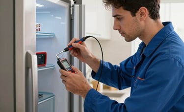 A professional technician in a blue uniform repairing a modern refrigerator in a bright, clean kitchen in a Dubai home, focus on skilled hands using a diagnostic tool, soft natural lighting, Middle Eastern / Gulf interior style.