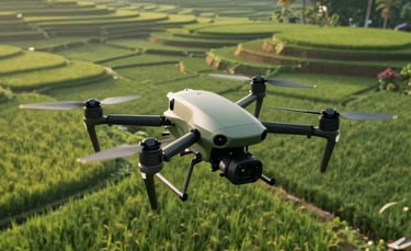 A high-angle professional shot of an agricultural drone flying over lush green terraced rice fields in Indonesia during a clear morning. The sunlight highlights the technological precision against the natural landscape. Modern tech aesthetic, forest green and sage tones.