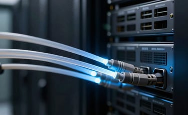 A close-up photograph of fiber optic cables glowing with soft sky blue light in a dark, high-tech server room environment, shallow depth of field, North American / US corporate infrastructure style.