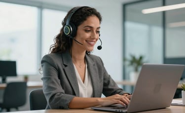 A professional South American Brazilian woman wearing a high-tech headset, smiling while working on a laptop in a bright, modern office with soft daylight and light blue accents in the background.