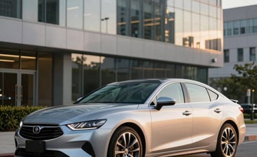 A sleek silver sedan parked in a modern North American business district during the golden hour. The professional lighting highlights the car's aerodynamic lines, with a clean glass office building reflecting in the background. High-quality commercial photography style.