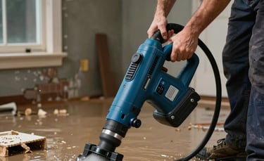 A high-end professional photography shot of a North American restoration technician using a heavy-duty blue water extraction vacuum in a flooded residential basement. The lighting is focused and professional, highlighting the efficiency and urgency of the work.