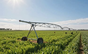 A vibrant green agricultural field where a solar-powered irrigation system is being used, symbolizing sustainable innovation, bright sun, blue sky.