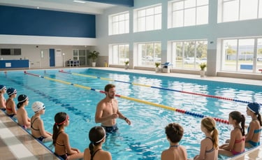 A wide-angle professional photograph of a bright, modern indoor swimming pool in Central Europe. A professional coach is interacting with a group of attentive children on the pool deck. The scene is sunlit and positive, emphasizing a safe and supervised environment with deep navy and white accents.