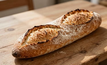 Photography of a freshly baked French baguette tradition with a crispy, flour-dusted golden crust and deep scores, resting on a rustic wooden surface in a warm bakery in France. Soft morning sunlight highlights the airy texture of the crust.