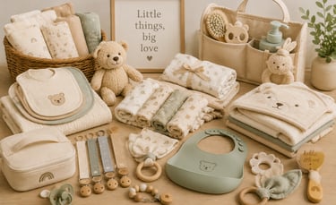 Neutral baby nursery essentials and organic cotton accessories featuring a teddy bear theme and silicone bibs.