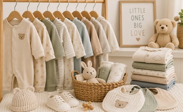 Organic cotton baby clothes in neutral colors hanging on a wooden rack with muslin bibs and a teddy bear.