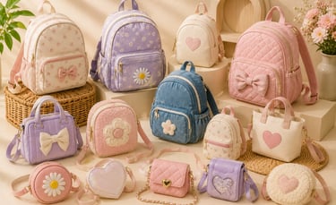 Collection of colorful pastel mini backpacks and crossbody bags for girls with floral and heart patterns.