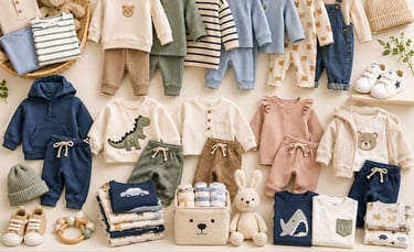 Neutral baby clothes collection including organic cotton sets, denim overalls, and soft leather toddler shoes.