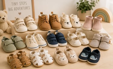 Collection of various soft sole baby shoes and newborn booties arranged on a wooden surface.