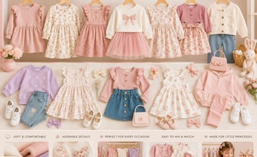 Collection of stylish girls' clothing featuring floral dresses, pink sweaters, and denim skirts on display.