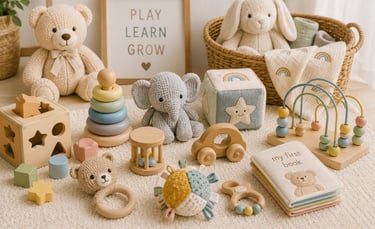 Eco-friendly nursery scene with wooden stacking rings, plush elephant, and soft educational toys in neutral tones.