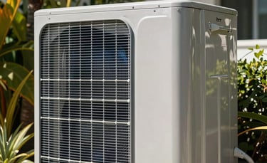 A close-up photograph of a modern, silver-finished outdoor AC condenser unit installed beside a luxury North American / US / Miami residence. Sunlight glints off the metal surfaces, with lush tropical foliage in the soft-focus background. The image is clean and high-tech, emphasizing professional engineering.