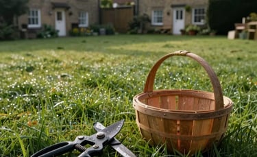 A wide shot of a lush green lawn in a traditional British backyard, a pair of garden shears and a wooden basket on the grass, morning dew, soft sunlight, professional photography, Europeu / Britânico setting, featuring green and dark brown tones.