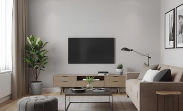 Comfortable living room with sofa and television, illustrating personalised one-to-one English help