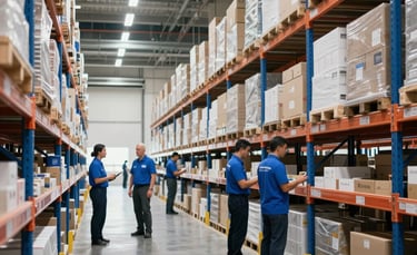 A wide angle shot of a clean, modern warehouse interior with organized high-reaching shelves and professional logistics staff in blue attire, International Business setting, bright and efficient atmosphere with navy blue and white tones.