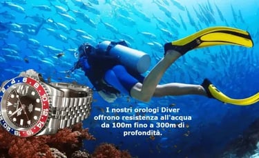 subacqueo ce nuota sottacqua e una immagine di un orologio diver con le scritte per la resistenza fino a 300 metri