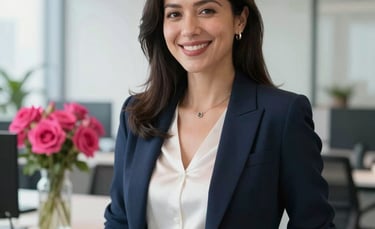 A charismatic woman in a navy blazer and white silk top, smiling confidently in a bright, modern North American office setting. Sophisticated soft lighting with brilliant hot pink flowers on a desk in the background.