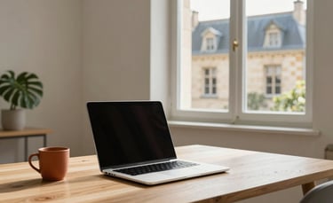 A minimalist and bright workspace in Souillac, Southern France, featuring a modern laptop on a light oak desk. Natural light pours in from a window showing traditional French limestone architecture. The scene includes a ceramic mug in terracotta and a simple green plant, capturing a professional yet warm atmosphere.