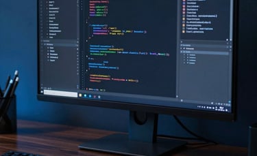 Close-up photography of a high-performance workstation in a professional US office. A high-resolution screen displays intricate lines of code in a dark mode editor. The lighting is composed of steel blue and midnight blue tones, reflecting off a polished dark wood surface. Minimalist and sophisticated atmosphere.