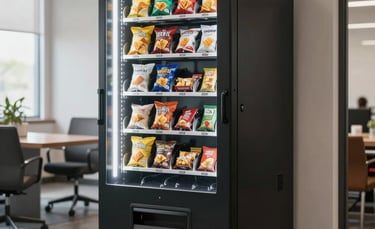A modern, sleek snack vending machine filled with a variety of chips and healthy bars, positioned in a bright, clean North American office breakroom with natural lighting and professional atmosphere.