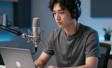 A focused professional creator in a modern North American &amp;#x2F; US home studio setting, sitting at a clean desk with a high-end laptop and a professional condenser microphone. The lighting is bright and professional with soft dark blue and steel blue tones in the background.