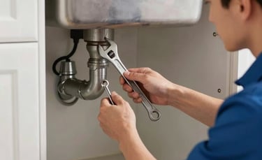 A professional plumber in a clean uniform using a wrench to repair a silver pipe under a modern kitchen sink in a North American home. Bright, natural lighting, focus on tools and hands, conveying expertise.