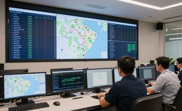 A professional South American logistics control room in Brazil. Operators are monitoring large digital screens showing maps and logistics data. The lighting is clean and modern with navy blue and off white accents, reflecting a reliable tech-forward atmosphere.