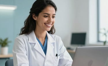 A professional South American / Brazilian female doctor smiling while looking at her laptop during a teleconsultation in a modern, bright office with soft blue accents and clean white walls.