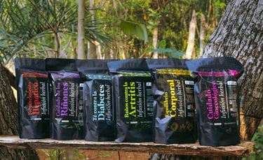 Seis bolsas negras de infusiones naturales de té herbal para el bienestar y la salud